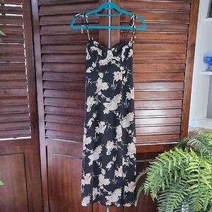 Petal & Pup Black Floral Midi Dress Tie Straps Low Cut Sweetheart Neckline Sz 4